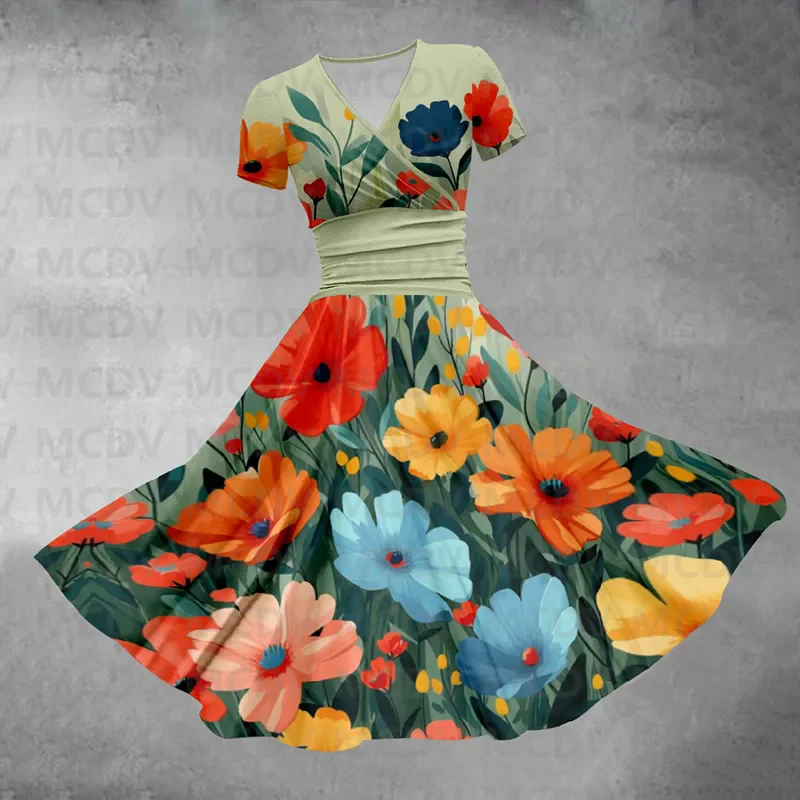 Multicolor Flower Print V-neck Summer Midi Dress Women's Sexy V-neck Dress Female Dresses