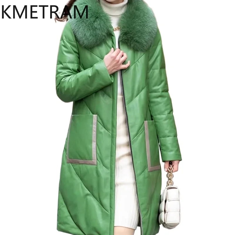 KMETRAM Natural Sheepskin Genuine Leather Down Jacket Women Fox Fur Collar Casual Green Outerwears 2025 Winter Long Coats пальто