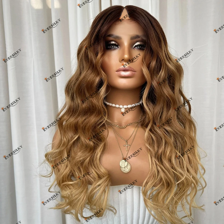 Rambut Manusia Gelombang Tubuh 3 Warna Ombre Akar Coklat Tua Wig Bagian U untuk Wanita Kulit Hitam Wig Bagian V Buatan Mesin dengan Kepadatan 200 Mudah Dipasang