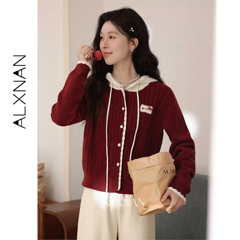 

ALXNAN Women's Red Knit Cardigan Color Block Hooded Long Sleeve Sweater with Unique Floral Button Loose-fit Casual Tops L60129