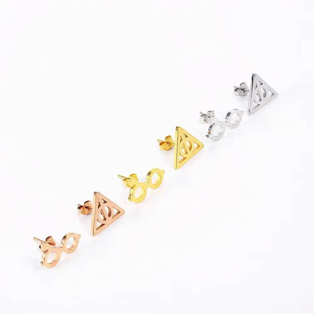 Stainless Steel Simple Harr Petter Deathly Hallows Glasses Lightning Asymmetric For Women Gold Plated Stud Earrings