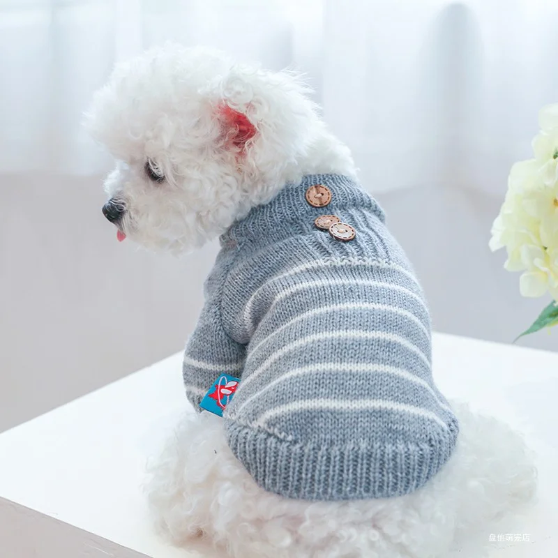 1PC Pet Clothing Cat Autumn and Winter Thickened Grey Stripe Pullover Elastic Knitted Sweater Suitable for Small and Medium Dogs