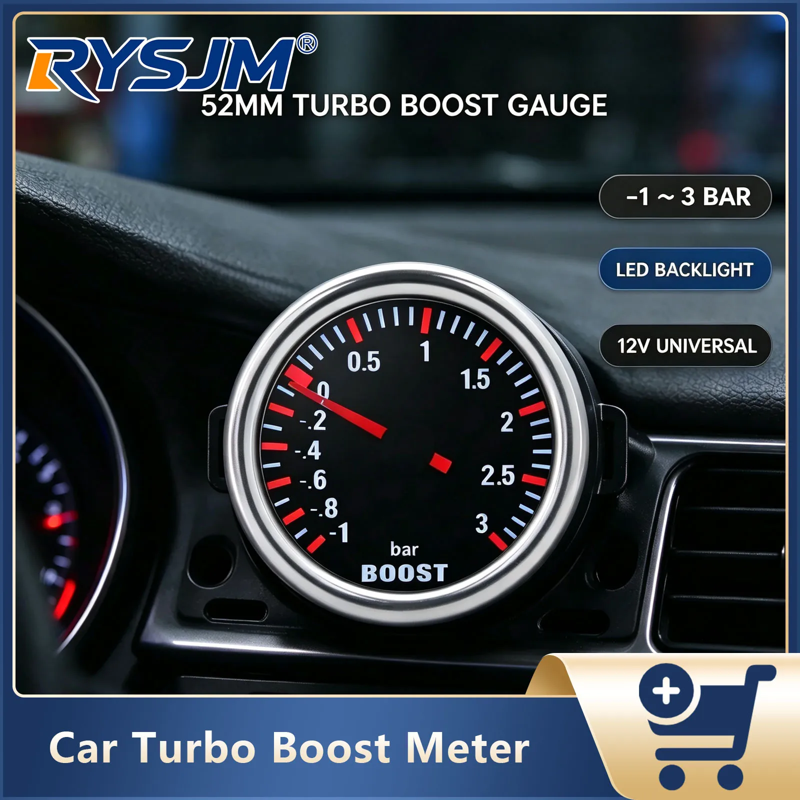 52mm Turbo Boost Meter -1-3 Bar Boost Gauge Indicator For 12V Engine Turbo Pressure Gauge Pointer With Led Light Car Accessories