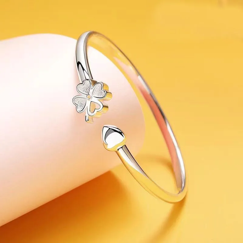 999 pure silver four leaf clover diamond inlaid open bracelet design, high-end and fashionable women's bracelet gift wholesale