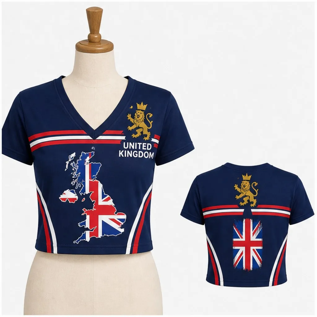 Women United Kingdom V Neck Crop Top Map Lion Union Flag Print Short Sleeve Summer Casual Streetwear Fashion Tee for Daily Style