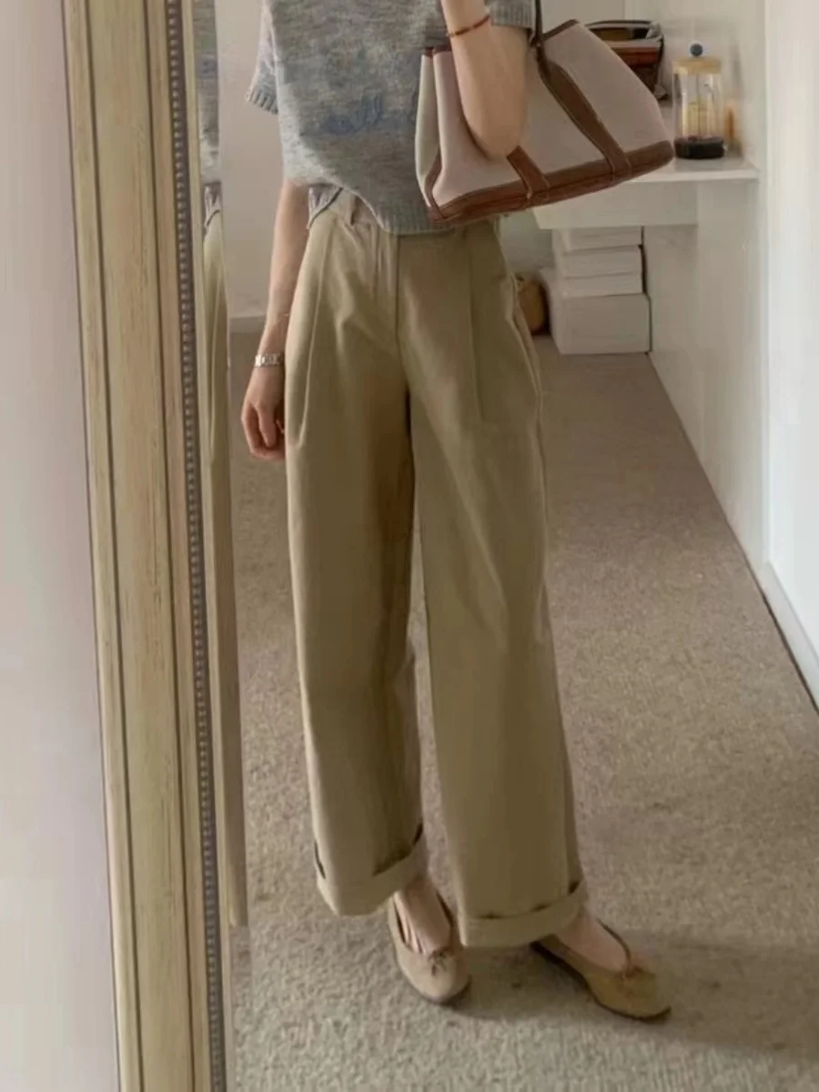 

Khaki Wide Leg Pants Straight Casual Workwear Nine Points Emily Clud Recommended Women's plus Size Trousers Summer Season