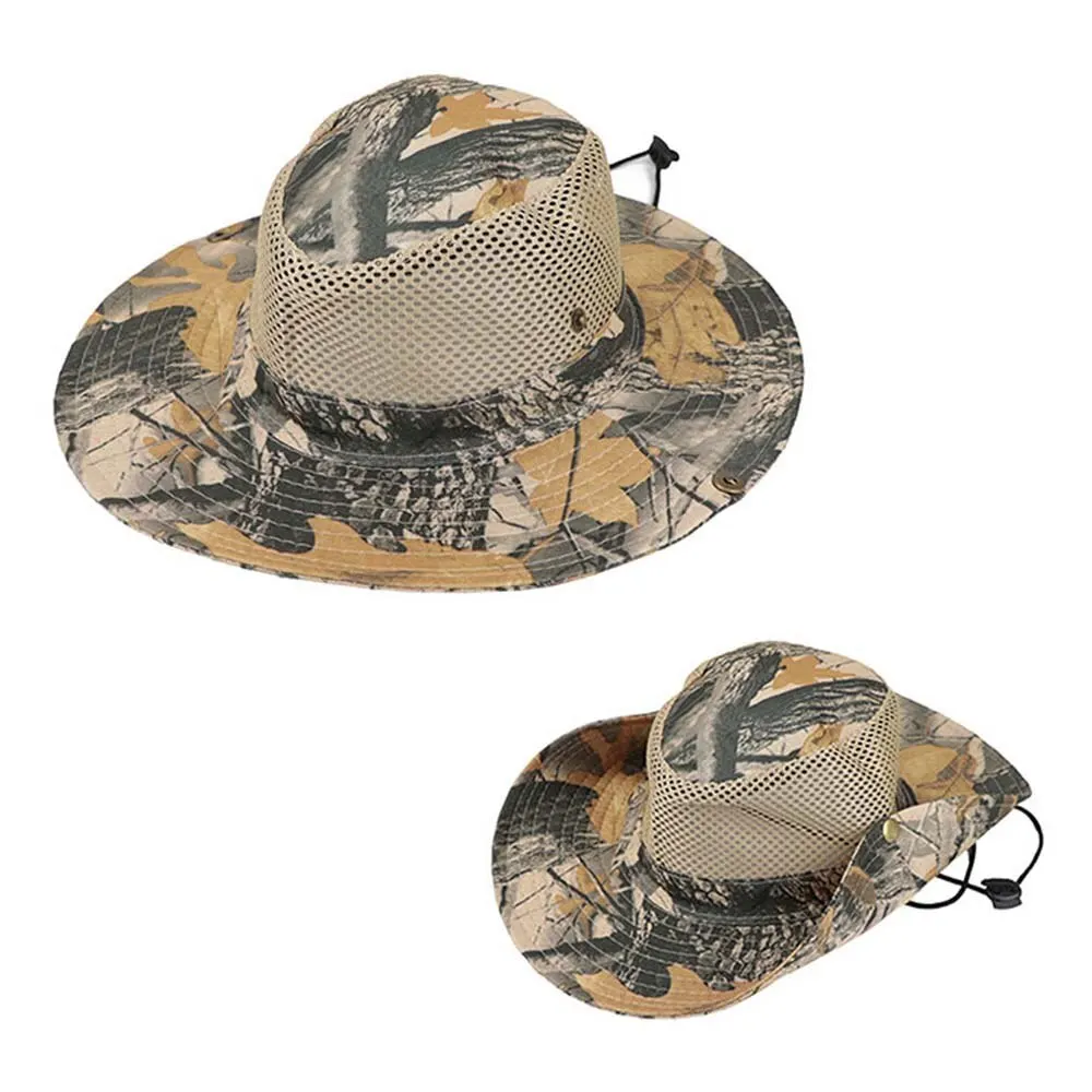 Outdoor Sunhat Hunting czapka wędkarska z szerokim rondem czapka przeciwsłoneczna siatka oddychający kamuflaż pozostawia kapelusz czapka