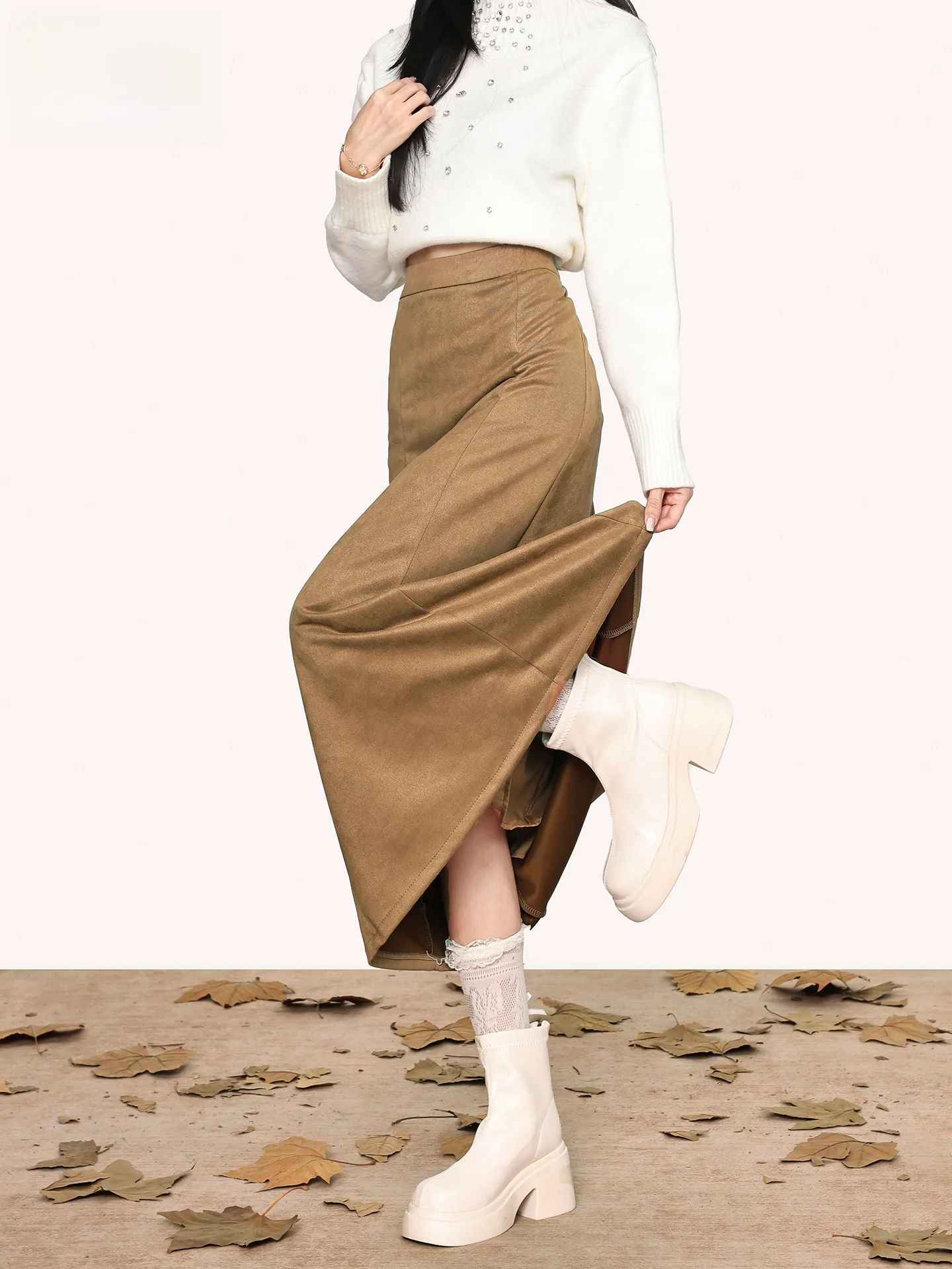 

Свободная женская летняя юбка-полусолнце нового фасона, длинная юбка А-силуэта из велюра под оленью кожу, оверсайз, повседневная, с высокой талией