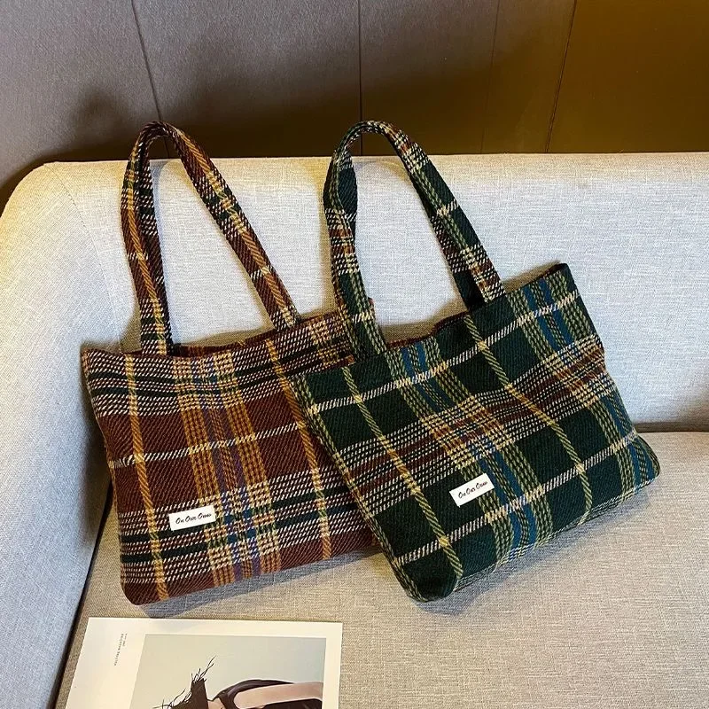 

Tote Bag For Women Shoulder Bag Wool Shopper Bags Large Capacity Autumn Winter New Soft Plaid Ladies Travel Designer Handbag