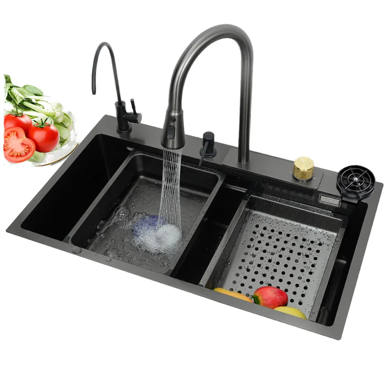 XINMU Single Sink Popular Multi-Functional Black Nano Stainless Steel Workstation Kitchen Sink with Faucet Rectangle Bowl Shape
