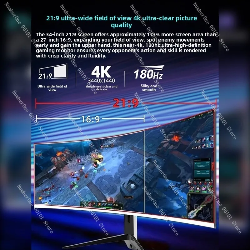 Computer Monitor 34 Inch 4K Ultra HD 180Hz Curved Ultrawide Widescreen Gaming Display High Refresh Desktop Screen for Esports PC