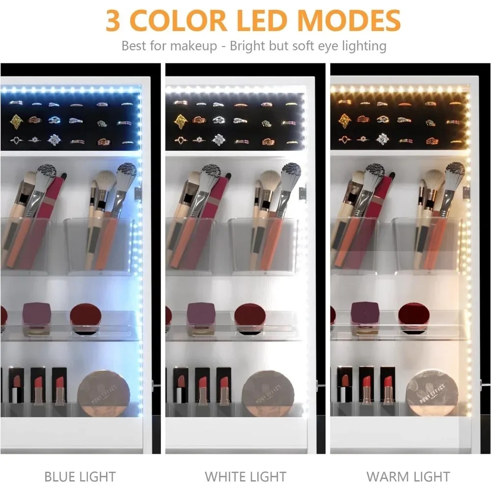Comprimento total Espelho com Pé Armário, Jóias Cabinet, Standing Espelho, 42,5 polegadas, 3 LEDs