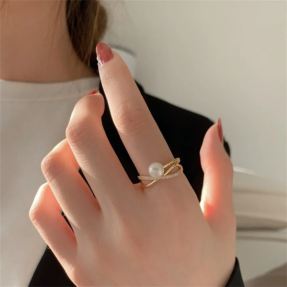 Simple Pearl Women Cuff Ring Gold Color Cross Acrylic Crystal Ring For Women Fashion Jewelry Luxury Gift