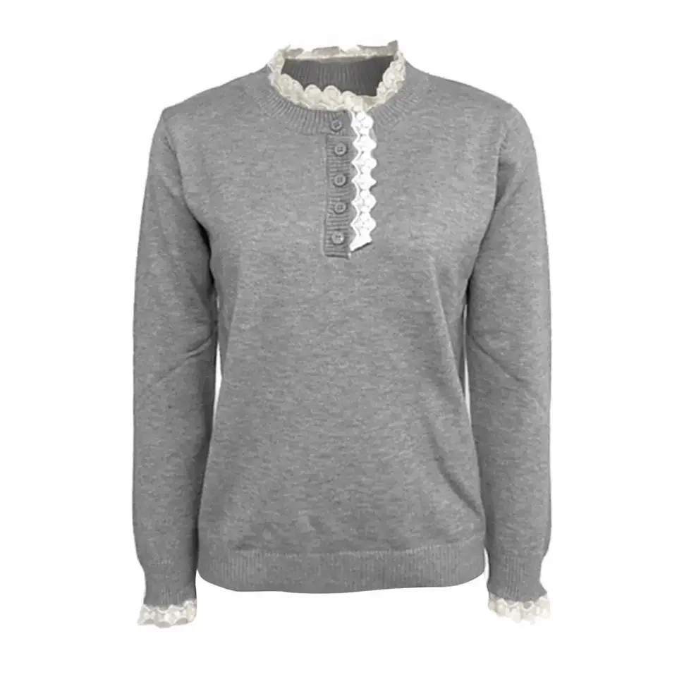 

Buttoned Neckline Top Women’s Round Neck Sweater with Buttons Lace Trim Knitting Jumper Long Sleeve Solid Color for Everyday