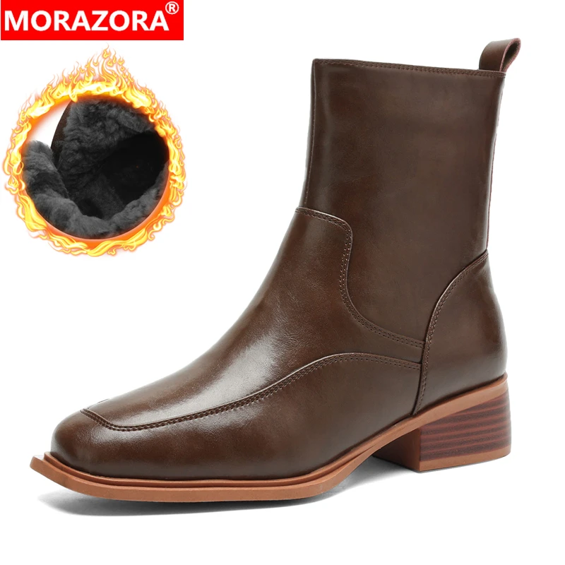 

MORAZORA INS Brand New Genuine Leather Boots Women Zipper Mid Heels Wool Warm Winter Snow Boots Handmade Ladies Ankle Boots