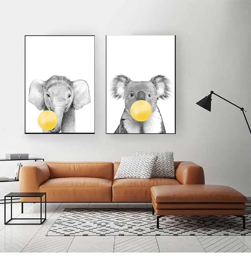 Baby Nursery Yellow Balloons Animal Wall Art Poster Print Zebra Koala Elephant Giraffe Canvas Painting for Kids Room Decoration