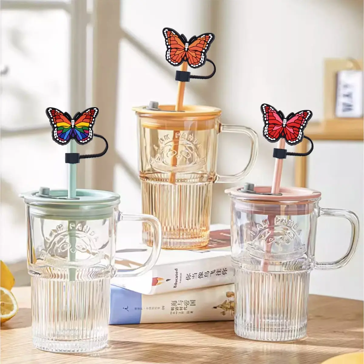 1-8PCS Cartoon Butterfly Straw Cover Cap 10MM Drink Straw Plug Reusable Splash Proof Drinking Fit Cup Straw Cap Charms Pendant