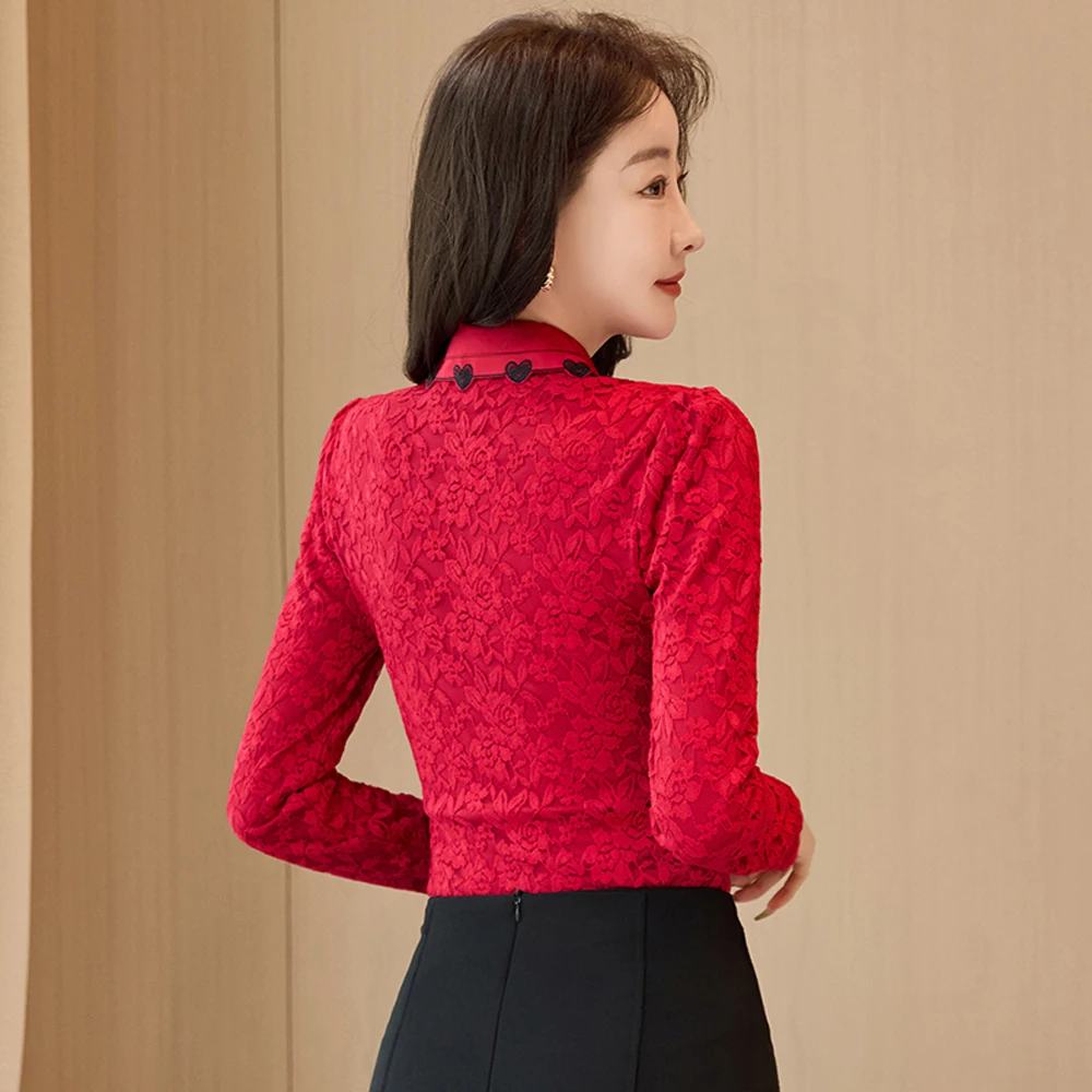 النبيذ الأحمر قميص طويل الأكمام للنساء الخريف والشتاء جديد الراقية مزاجه الدانتيل المرأة حجم كبير سليم صالح رداء علوي غير رسمي #2
