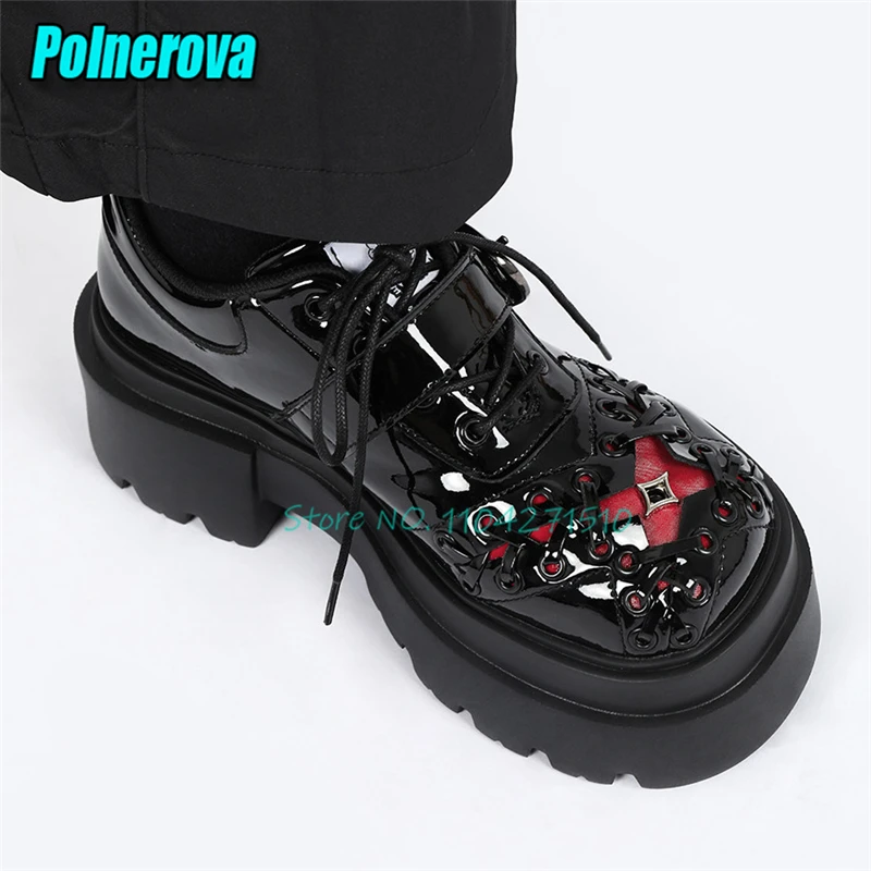 Summer Thick Soled Patent Leather Pumps for Women Punk Black Round Toe Metal Buckle Lace-Up Casual Shoes Fashion Derby Shoes