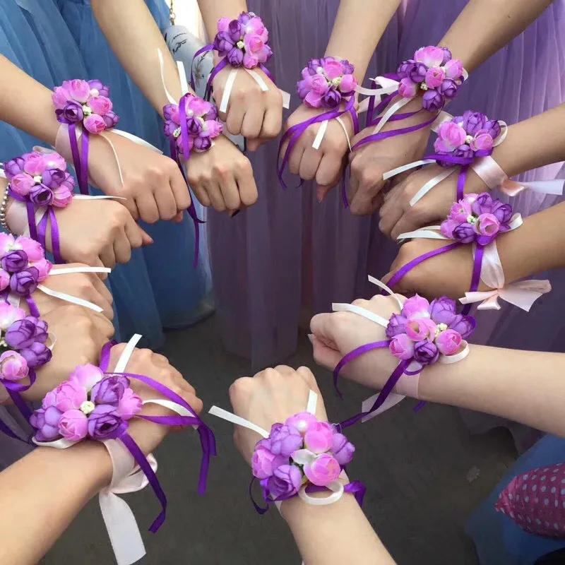 Ramillete de muñeca Rosa Artificial para dama de honor, brazalete de flores de seda, accesorios de flores para boda, decoración de fiesta