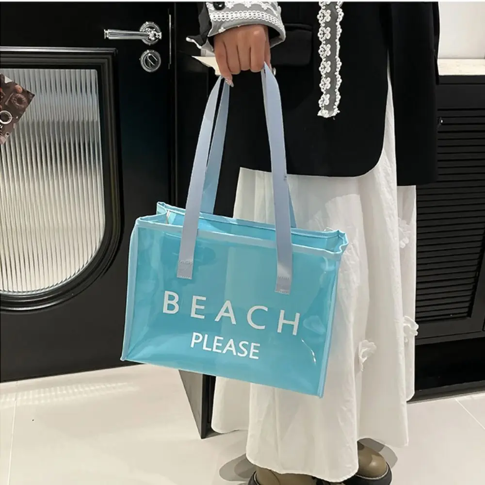

Casual PVC Transparent Tote Bag Zipper Waterproof Jelly Handbag Storage Bag Cosmetic Bag Letter Shoulder Bag Ladies