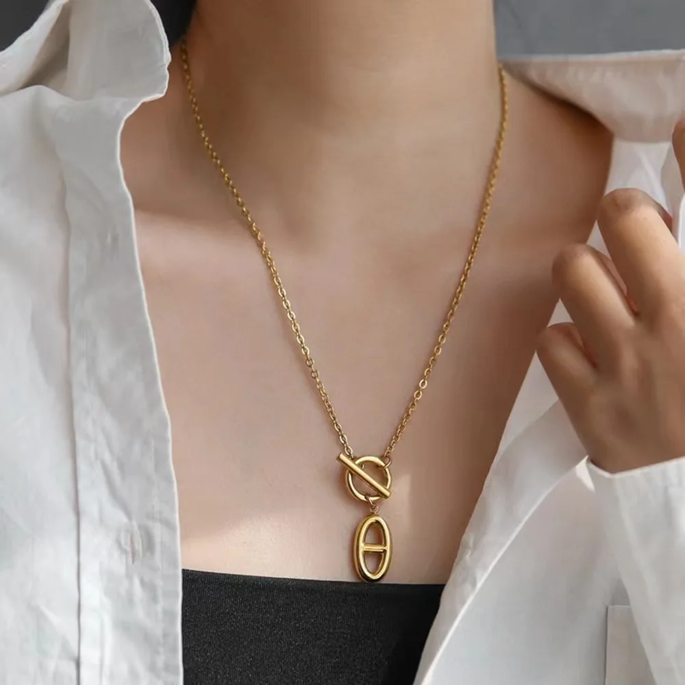 

Minimalist OT Button Oval Pendant Necklace for Women's Holiday Parties, Weddings, Jewelry Gifts
