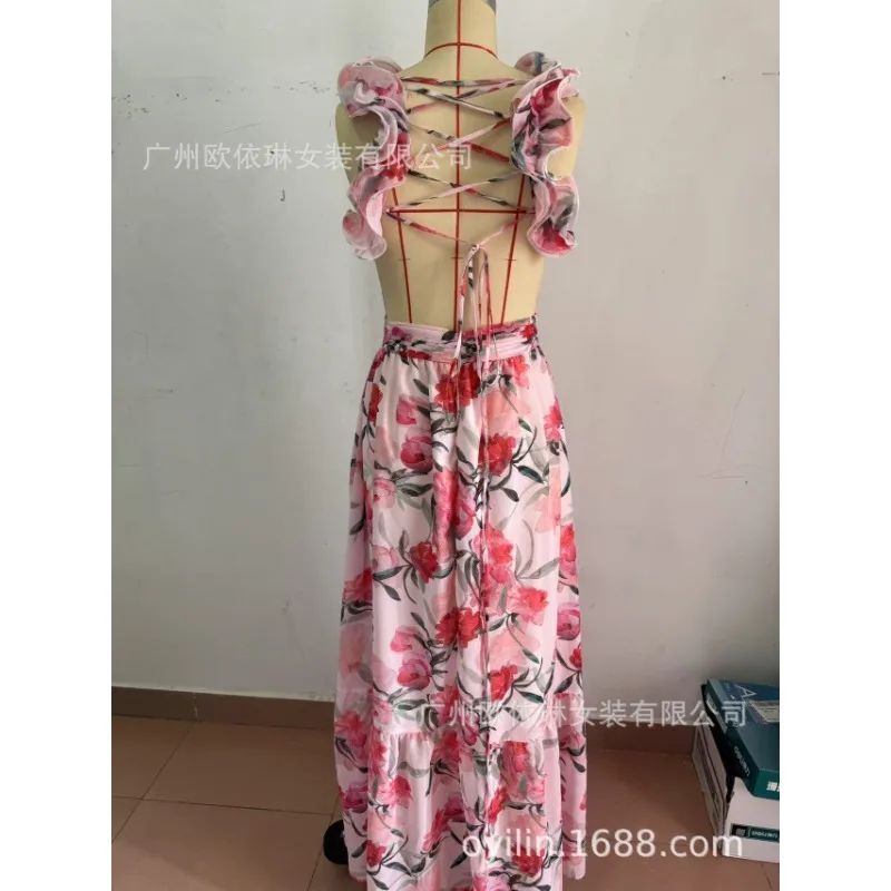 مثير العميق الخامس الرقبة عارية الذراعين فستان الحفلات عطلة المرأة الصيف بلا أكمام أنيقة جلد يصل فستان كشكش السيدات فساتين ماكسي غير رسمية #5