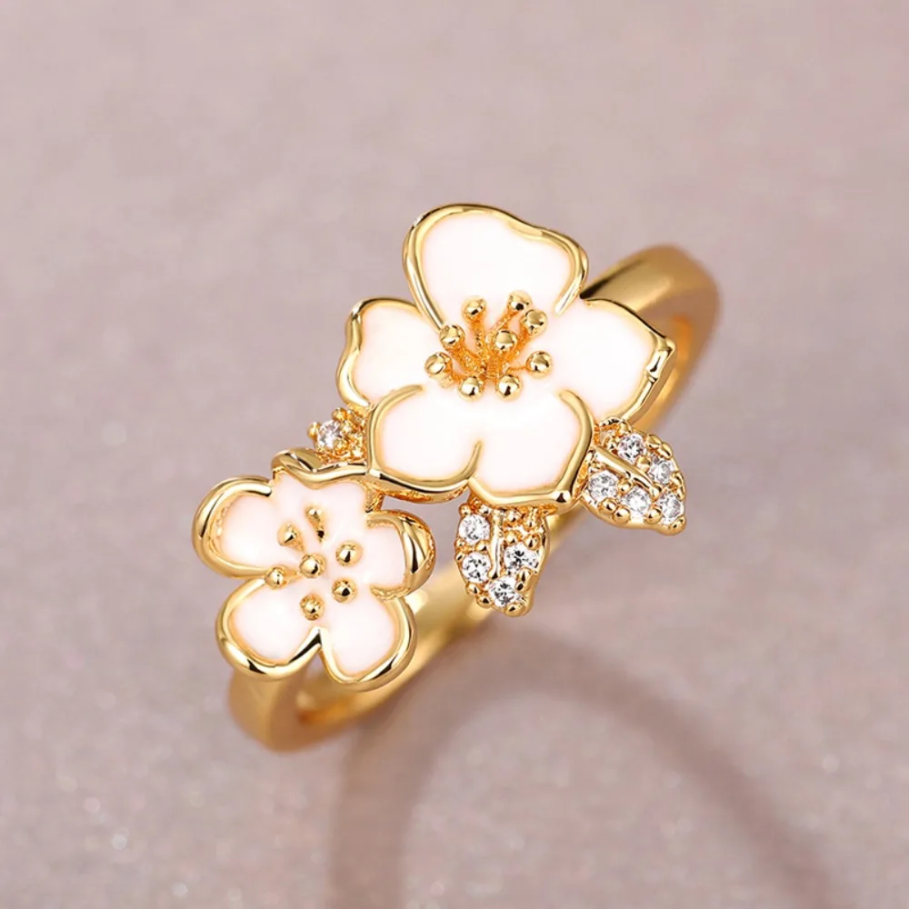Sweet Romantic Micro-inlay Zircon White Dripping Oil Camellia Flower Rings for Women Hypoallergenic Korean Exquisite Jewelry