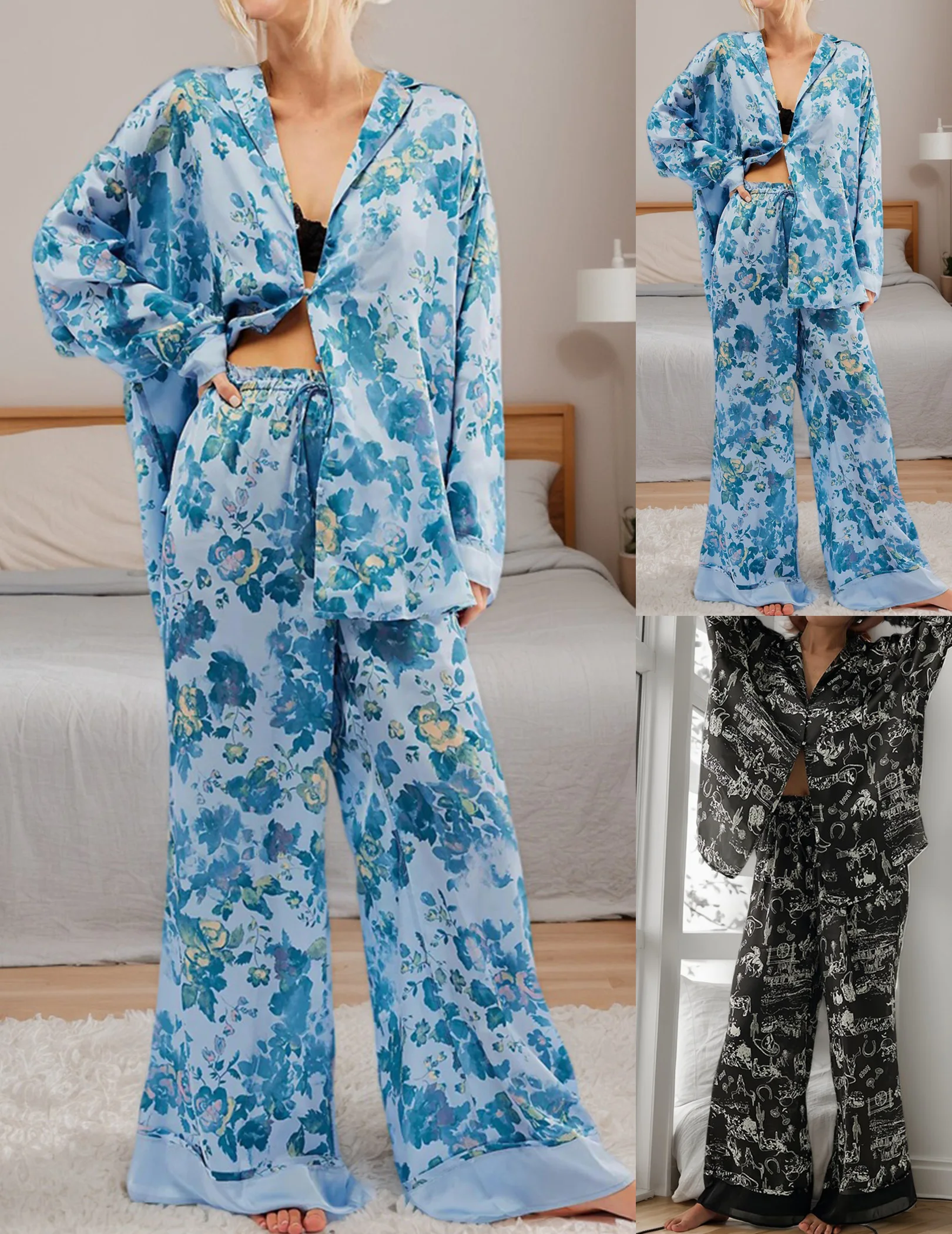 

Женский атласный пижамный комплект, рубашки на пуговицах, широкие брюки, пижамы, шелковые пижамы с цветочным принтом, комплекты для отдыха из 2 предметов, одежда для сна
