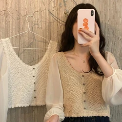 Women French Style Chiffon Puff Long Sleeve Cropped Cardigan Scoop Neck Button Down Hollow Crochet Knit Solid Sweater F3MD