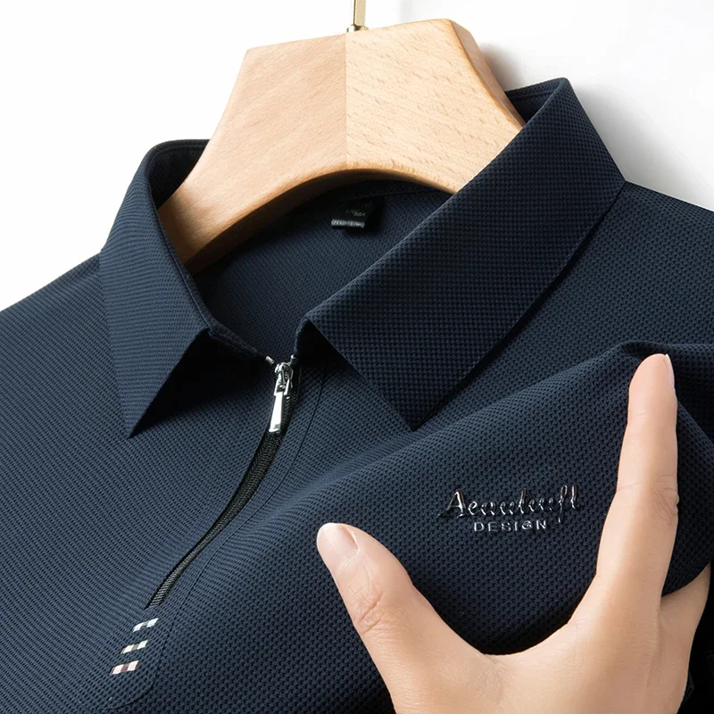 

2024 summer new embroidered ice silk zipper polo shirt fashionable casual seamless comfortable breathable lapel men's clothing