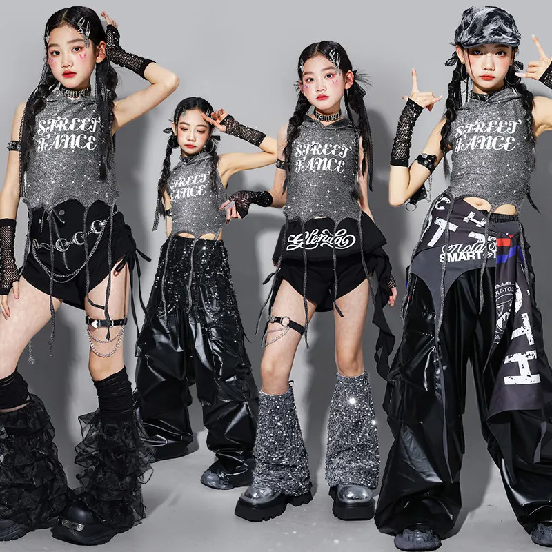Hip Hop Girls Sweet Shiny Crop Top Silver Cargo Pants Kids K-pop Jazz Dance Clothes Sets Children Streetwear Girl Group Costumes
