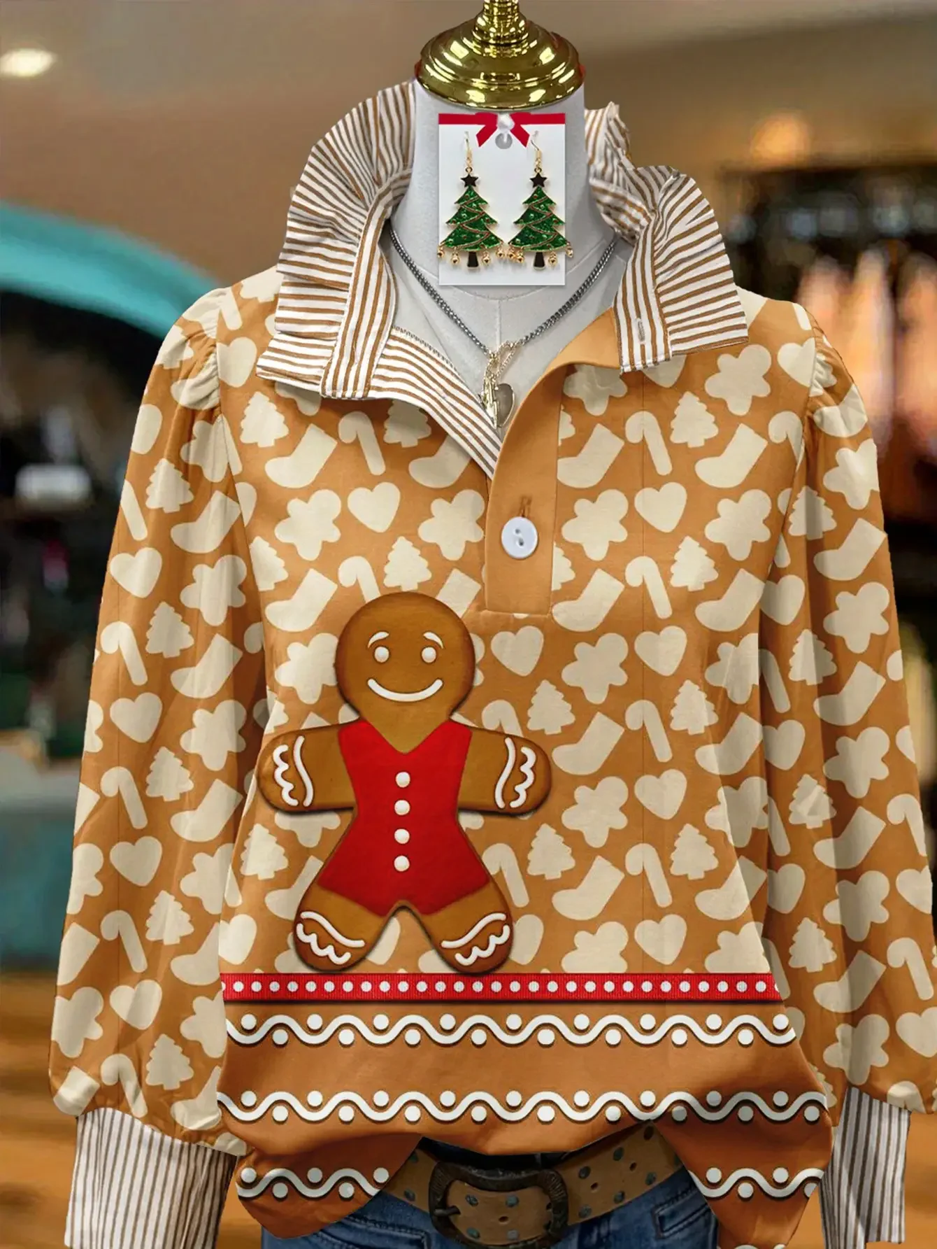 Women's striped casual fashion shirt, multi-color striped collar, Lotus leaf edge and layered collar design