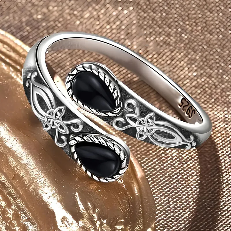 S925 Sterling Silber Ring Retro Schwarzer Achat Löffel Mondstein Ring Damen Einfacher Modischer Offener Ring