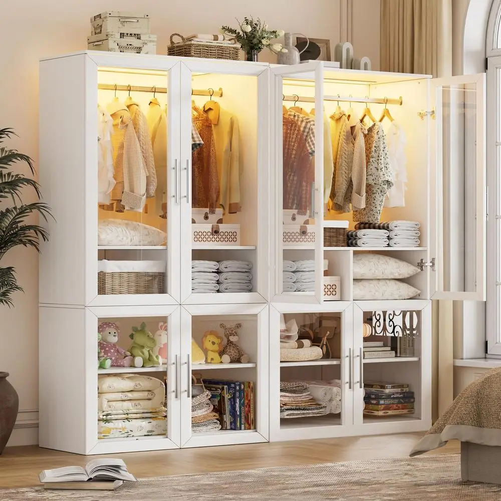

Illuminated Freestanding White Armoire with Glass Doors and Hanging Rod for Bedroom Closet Storage