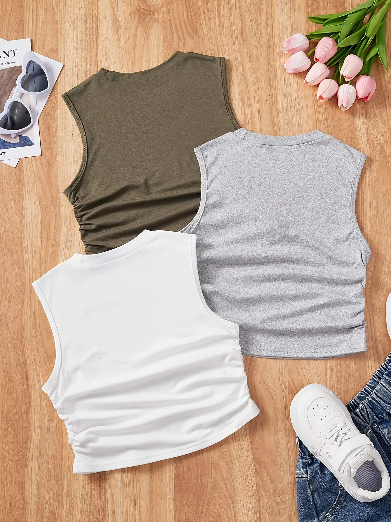 Children Girl 3‑Pack Star Print Sleeveless Tank Vest Side Ruched Crew Neck Top 4‑12Y For Summer Holiday Daily Stylish Outfit