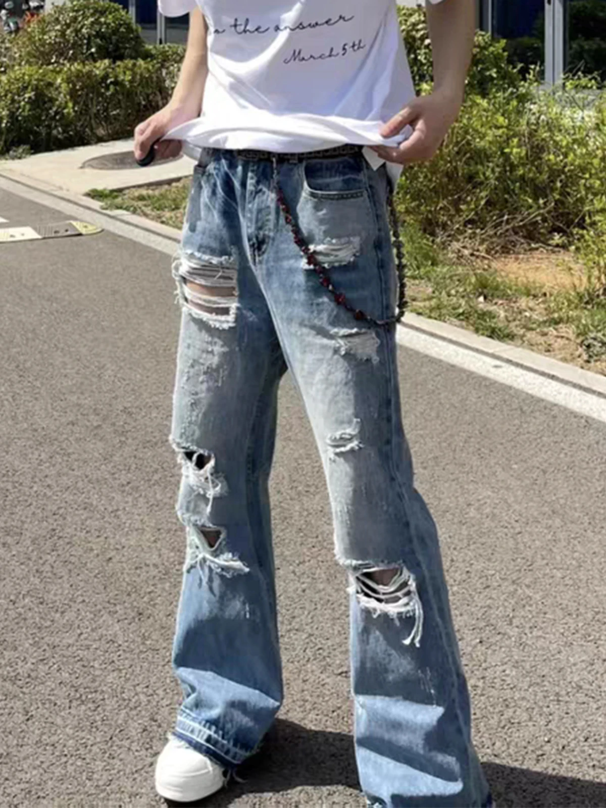 

Washed Blue Men's Jeans Spring Autumn Loose Vintage Streetwear Torn Frayed Straight Leg Casual Denim Pants Youth Fashion