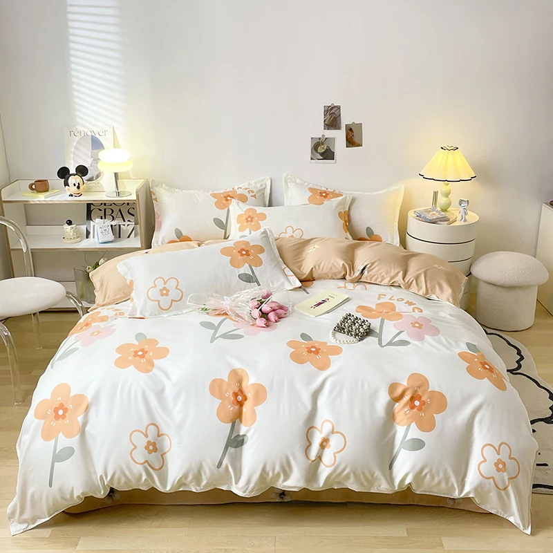 1PC Quilt Cover: Off-White (Light Orange Accent), Orange-Pink Flower, Gentle Sweet Vibe, Skin-Friendly, Fits Single/Double