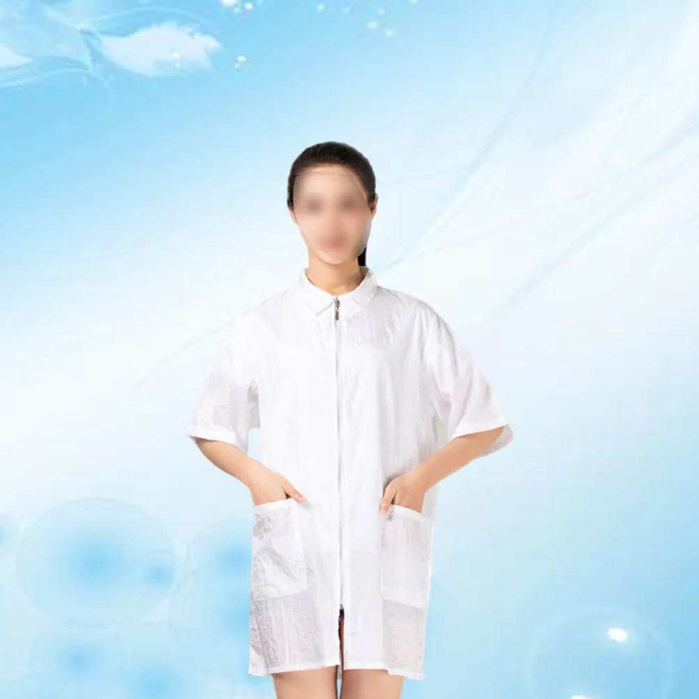 헤어 염색약 방지 의류 화이트 L 프리미엄 나일론 방수 경량 턴다운 칼라 포켓 디자인 세척 용이 지퍼 잠금 (살롱용)