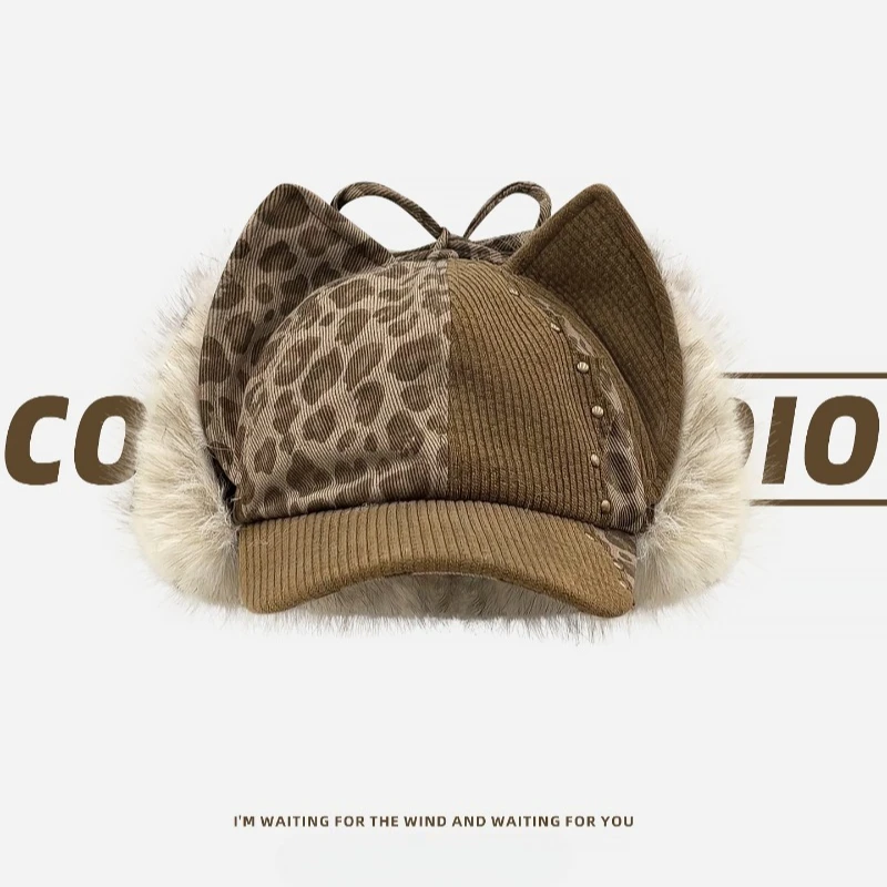 الرجعية ليوبارد طباعة أفخم القط الأذن قبعات البيسبول للنساء في الخريف والشتاء سروال قصير سميك وقبعات منفذها الدافئة #2