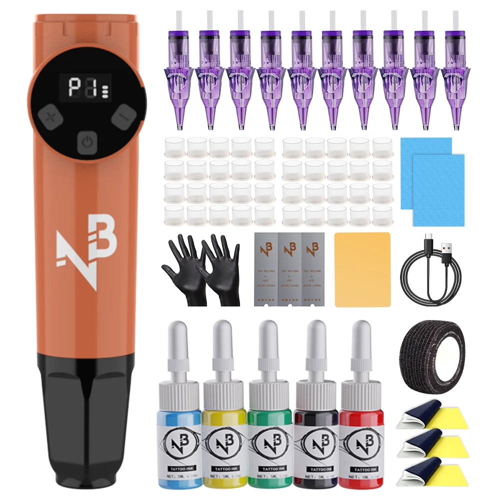 Orange & Black Wireless Tattoo Pen Kit LED Display 5 Colors Ink Cartridge Needles Complete Tattoo Supplies for Beginners