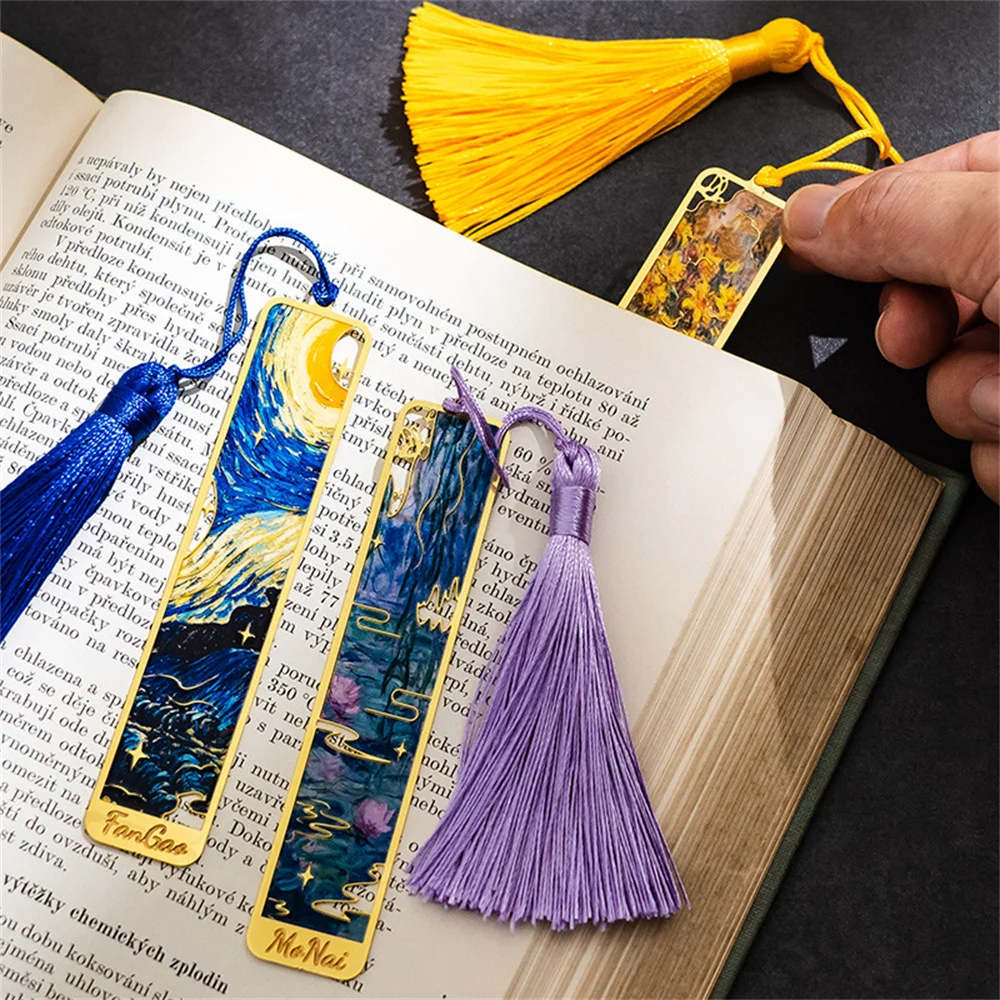 Retro Oil Painting Bookmark With Tassel Pendant Metal Stationery Book Accessories Aesthetic Gift Paper Page Holder Read Mark