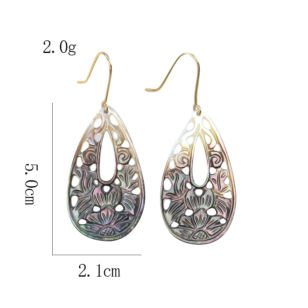 1pair Natural Black Shell Hollow Out Carved Flower Long Tear Drop Mother of Pearl Fine Hook MOP Banquet Paty Jewelry Dangles view 6