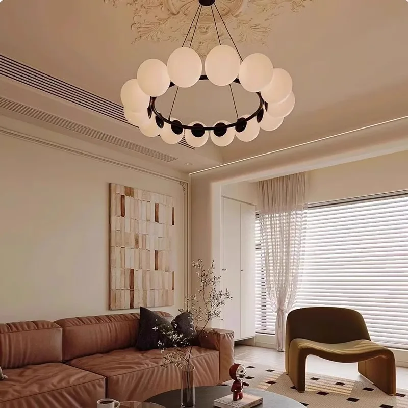 

French pearl black living room chandelier ball magic bean designer Nordic dining room light simple bedroom light 2025