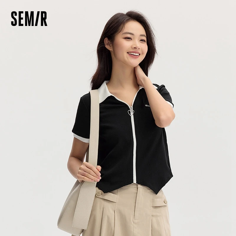 Semir Polo Shirt Women Short Crop Petite Sweet Cool Style Letter Fashion Autumn Temperament Slim Contrasting Color Elegant Top