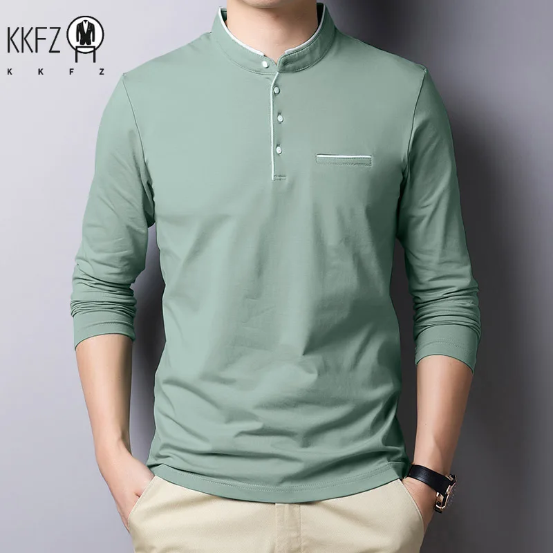 

Men's Business Casual Long Sleeve T-shirt 2025 Korean Style Three Button Stand up Collar Comfortable Versatile Top for Men