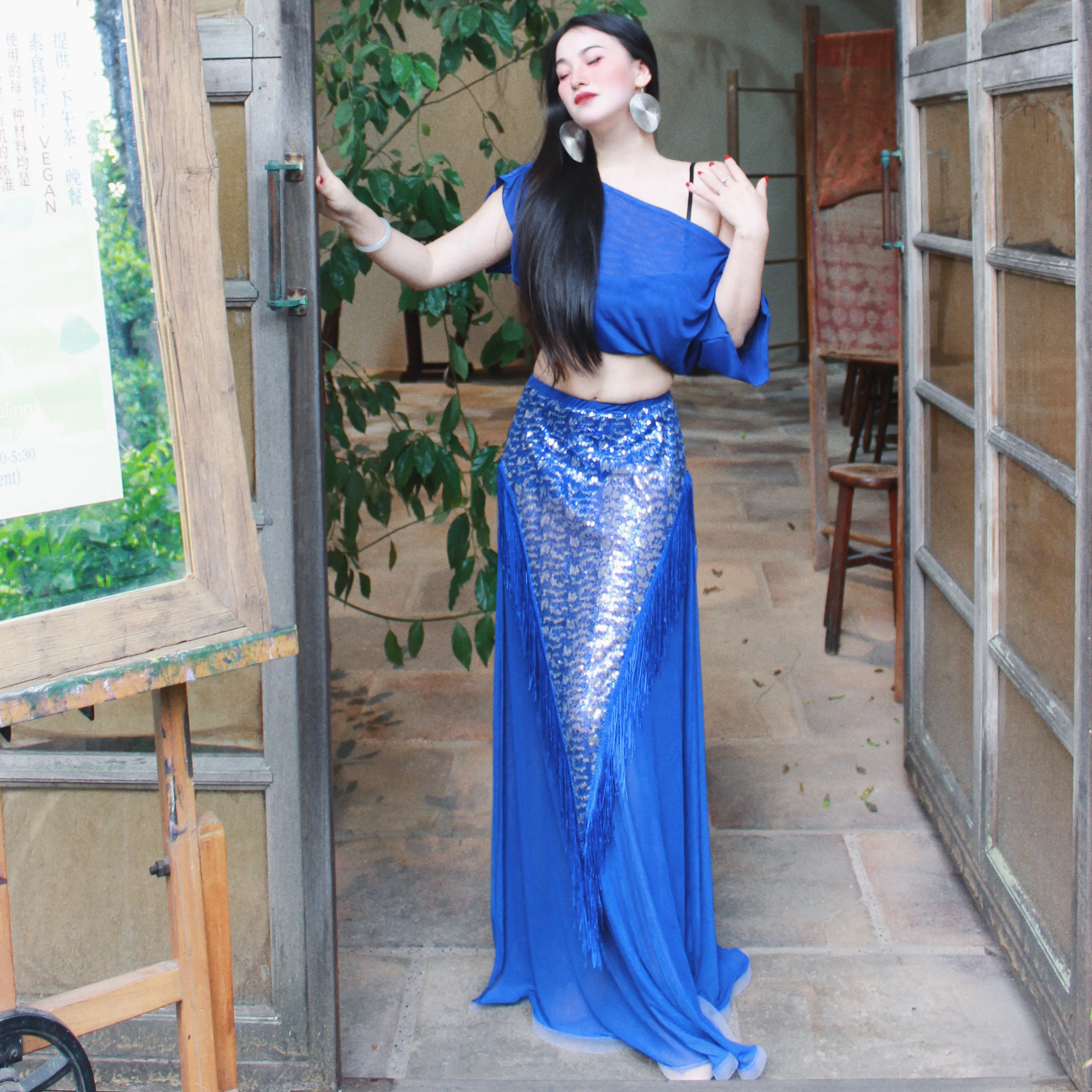 2025 BellyDance Costume Women's Off Shoulder Short Sleeve Top+Sexy sequin tassel Skirt Set Oriental Dance Performance Clothing