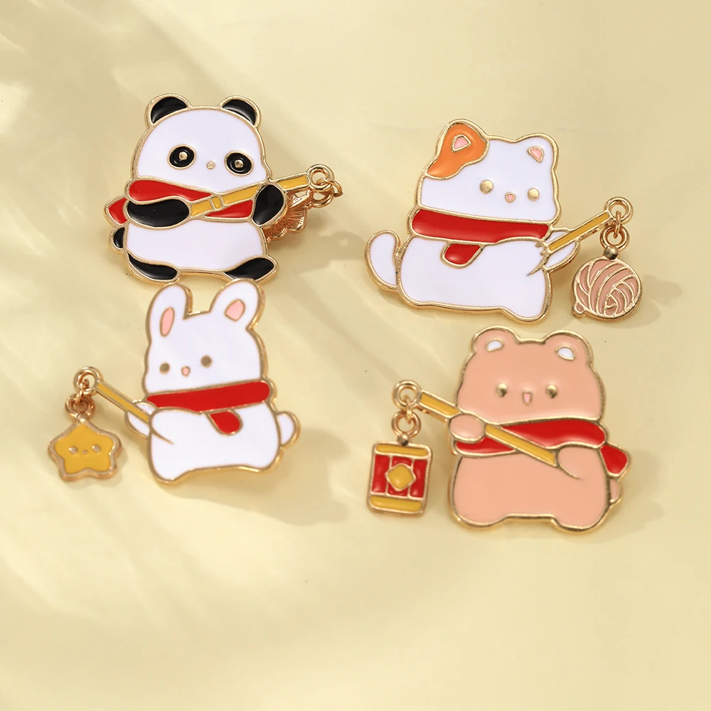 Chinese Style Cute Animals Charm Pins Creative Panda Rabbit Cat Bear Holding Lantern Firecrackers Star Enamel Brooches