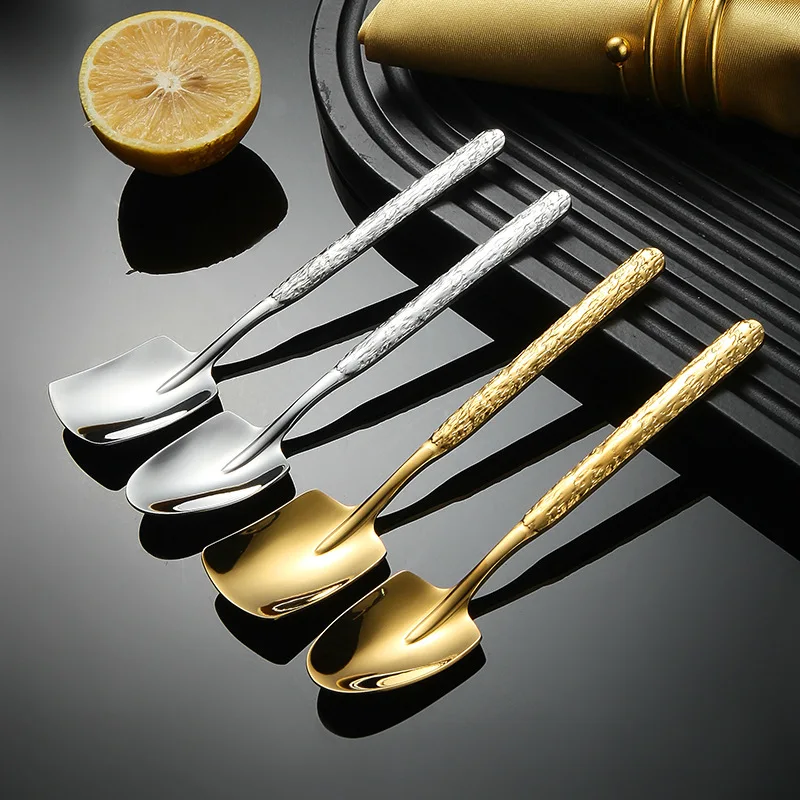 18-10 Stainless Steel Fruit Spoon Ice Cracked Pattern Ice Cream Dessert Spoons Watermelon Shovel Falt Coffee Tea Spoon