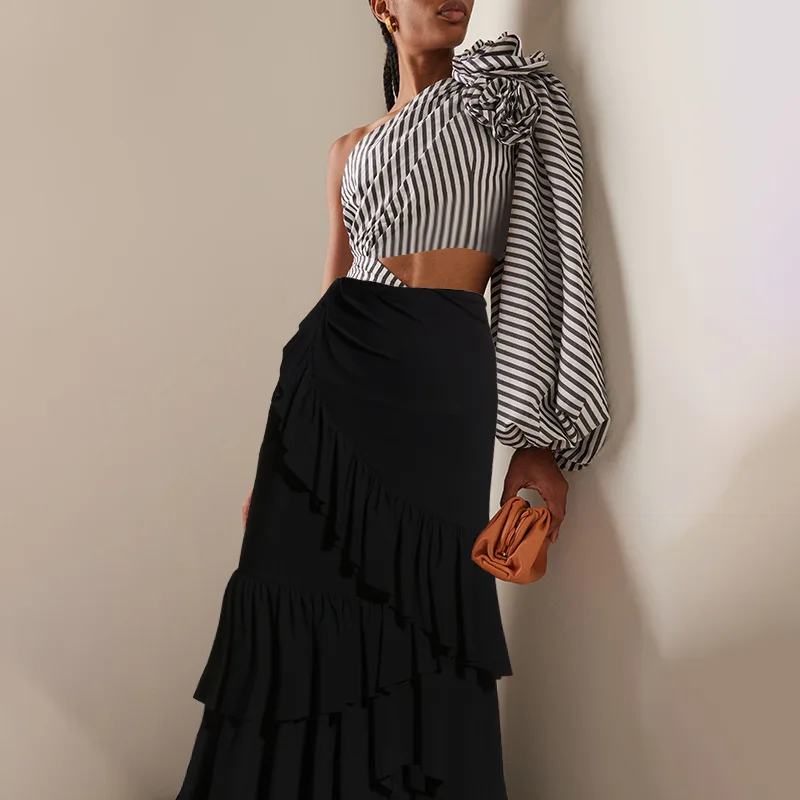 One Piece Swimsuit For Women European And American Swimwear Detachable Sleeves Hollow Stripe Printing One-piece Swimsuit Suit Wo